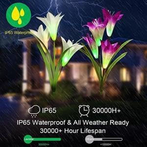 ANGMLN 4 Pack Solar Flowers Lights,16 Bigger Head Solar Lily Flowers, 7 Color Changing Pathway Lamps for Garden Patio Yard Party Wedding Holiday Outdoor Garden Stake Decoration(Purple2&White1&Pink1)
