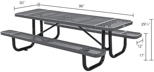 Global Industrial 8’L Rectangular Picnic Table, Expanded Metal, Gray Thermoplastic Coating, Attached Benches, 1-1/2” Umbrella Pole Hole, Outdoor-Rated, 1000 lb Capacity, 96” x 30” Tabletop