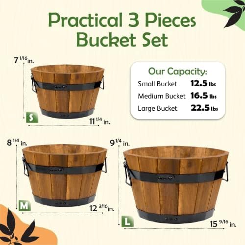 IDZO Set of 3 Wooden Upgraded Brown Orange Flower Boxes Outdoor, Durable Acacia Wood Barrel Planters for Outdoor Plants with Ergonomic Handles, Drainage Holes, Multiple Sizes Wood Bucket Planter