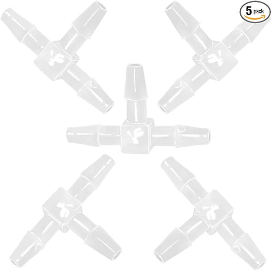 3/16" Tee Fitting Equal Barb 3 Way Hose Barb Fitting，Splicer Joint Mender Adapter Union Fitting for Fuel Gas Liquid Air (Pack of 5)