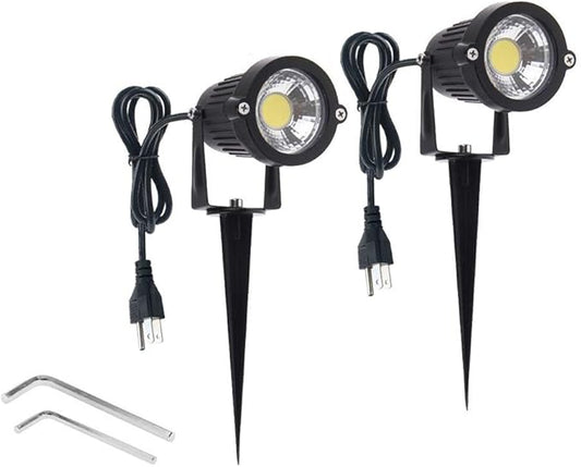 2 Pack Outdoor Landscape Lighting 5W COB LED Spotlights for Garden Lawn Wall Yard Path with Spiked Stand and Plug Adapter (Cool White)