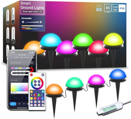 Outdoor Smart Ground Lights - 65FT 45Pack Pathway Light Remote & App Control, Color Changing Walkway Lighting Compatible with Alexa Halloween Christmas Outdoor Decor for Patio, Garden, Yard
