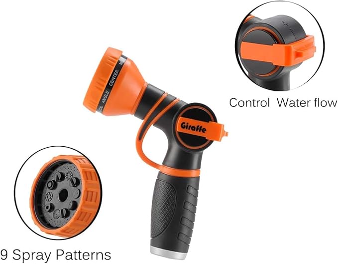 Giraffe Tools Garden Hose Nozzle 9 Adjustable Spray Modes Water Gun for Garden Hose Reel, Car Washing, Watering, Dog Washing PRO Model