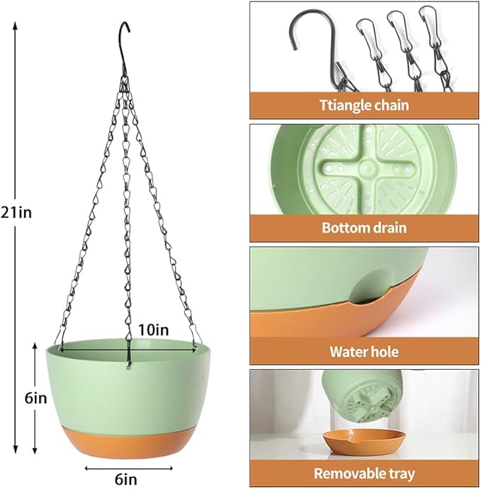 2 Pack Plastic Hanging Planters 10 Inch Hanging Pots with Drainage Hole for Indoor Outdoor Plants, Round Hanging Basket with Removable Tray for Home Garden Porch Balcony Patio Decor