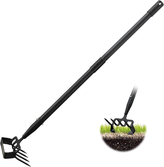 Weed Puller Gardening Tools, Hula Garden Hoe and 4 Tines Rake 2-in-1 Garden Tools for Weeding, Action Stirrup Hoe with 37"-62" Adjustable Long Handle for Lawn,Vegetable Garden Loose Soil and Weeding