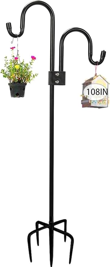 Double Shepherds Hooks For Outdoor 108 Inch, Heavy Duty Metal Bird Feeder Pole Stand With 5 Base Prongs, 28.5 To 108 Inch Adjustable Garden Holder For Hanging Plant, Wind Chimes, Wedding Garden Etc