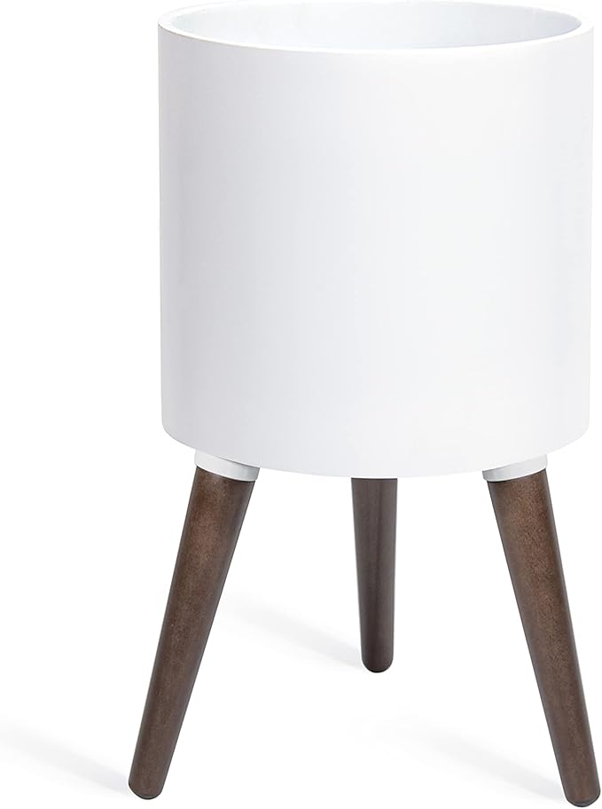D'vine Dev 10 Inch Planter Pot with Stand, Mid-Century Tall Plant Pot with Legs for Indoor Plants, Medium, White, 88-O-B-1