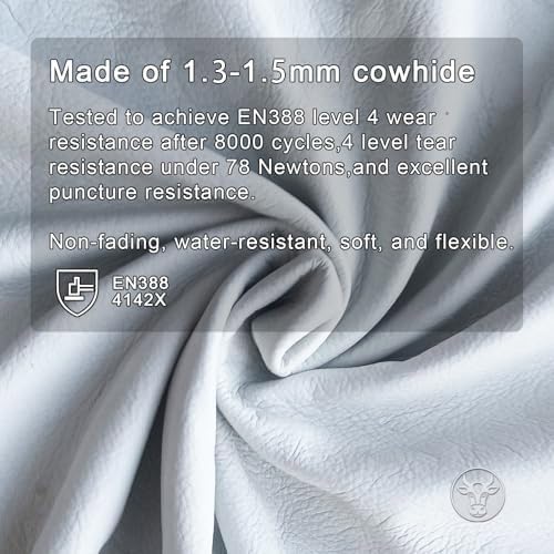 12 Pairs Bulk Leather Work Gloves for Men or Women for Construction, Wood cutting, Driving, Gardening, Automotive Repair, Water Resistant, Soft, Cowhide, Class 4 Abrasion Resistant, Blue-White, L