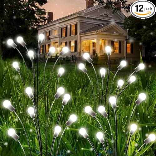 OZS Solar Garden Lights 12pack 96LED Solar Garden Lights - Solar Firefly Lights Outdoor, Solar Swaying Light, Sway by Wind, Solar Fairy Lights Waterproof for Pathway Decoration (Cool White)