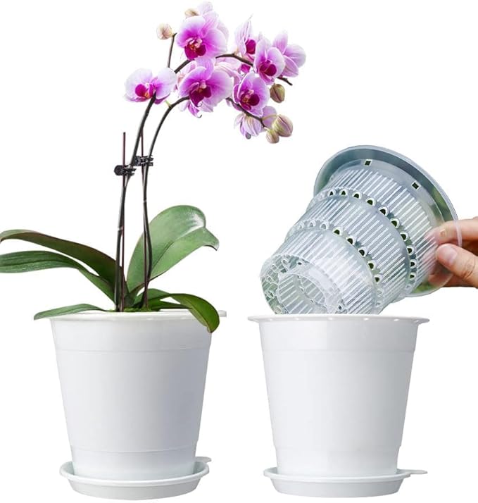 4 inch Clear Orchid Pots with Holes Match White Plastic Orchid Planter,Set of 2,Double Layer Plant Nursery Pots Own Scientific Controlling Roots Technology