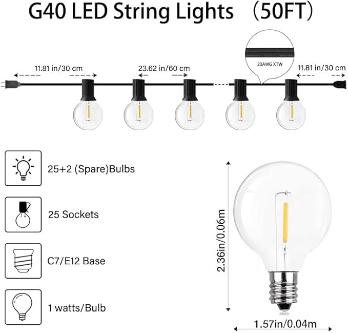 50FT LED Globe String Lights,Waterproof Hanging String Light with 25 Warm White Shatterproof G40 Bulbs(2 Spare), for Indoor/Outdoor Commercial Decor (50FT)