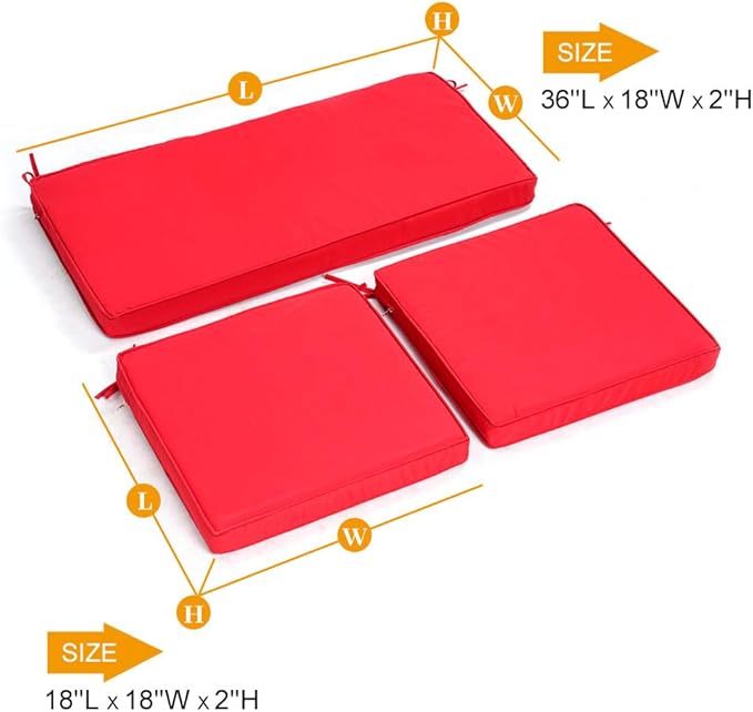 3-Pack Outdoor Patio Furniture Replacement Cushions Set–High-Elastic Sponge Cushions Fit 4-Piece Wicker Rattan Sofa, Loveseat & Chairs, 36x18x2 & 18x18x2, Waterproof, Fade-Resistant (Wine red)