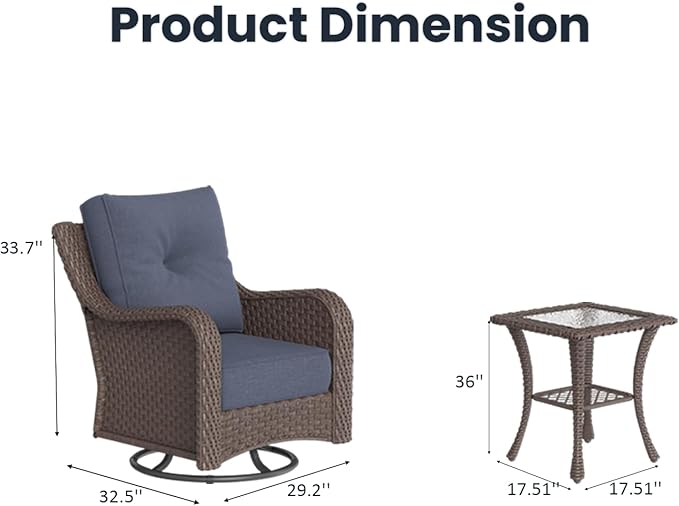 6 Pieces Outdoor Patio Furniture Sets with Rocking Swivel Chairs with 6-inch Thick Cushion and Side Table for Deck Lawn