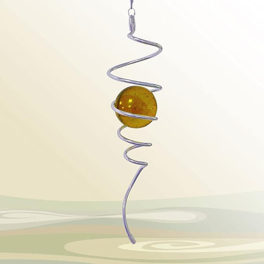 Gazing Ball Spiral Decorative Wind Spinner Tail Wind Spinner Sun Catcher 11inch Tail and 2 inch Glass Orb. Wind Spinner Stabilizer Indoor Outdoor Garden Decoration -13 inch Height(Gold)