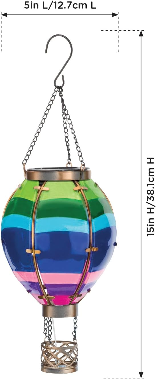 Regal Art & Gift Hot Air Balloon Solar Lantern – Hanging Solar-Powered LED Lights, Waterproof Portable Decorative Outdoor Lamp Made of Metal & Glass for Garden, Patios & Pathway – Stripe (Small)