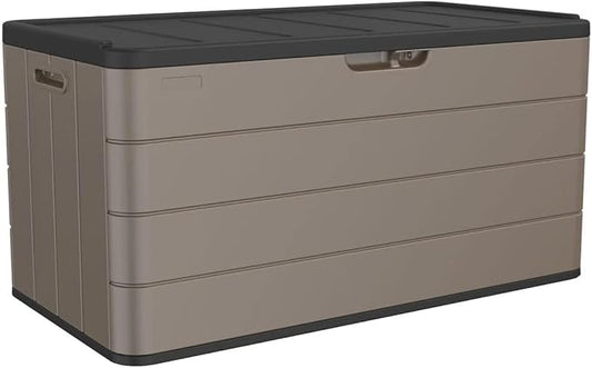 100 Gallon Plus Resin Deck Box, Waterproof Outdoor Storage Bin for Patio Furniture, Pool Accessories, and Garden Tools, Lockable & UV-Resistant, Brown