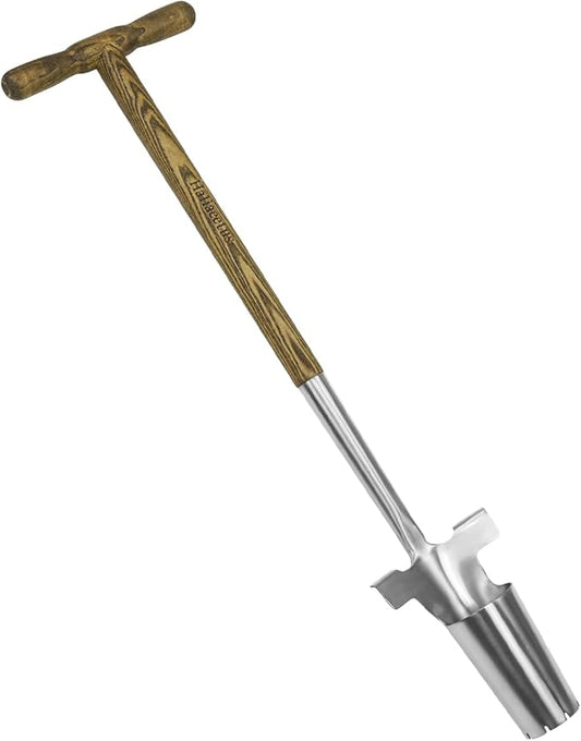 Long Handled Bulb Planter Tool, 37'' Bend-Proof Stainless Steel Bulb Planter, 4'' Depth Marks Long Handled Hole Digger, Bulb Planter with Comfortable T-Shaped Long Wood Handle for Planting Tulips