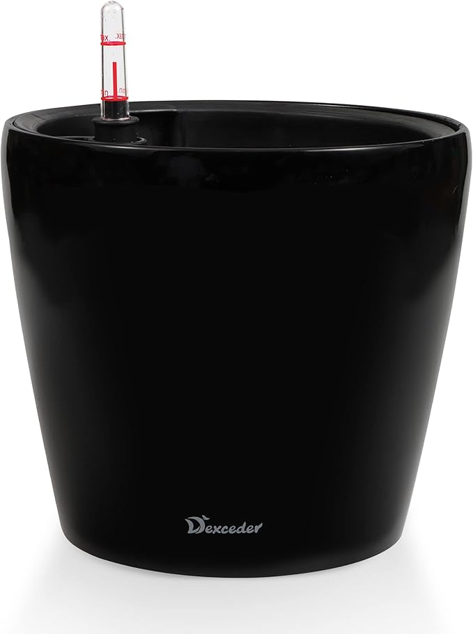 Dexceder 11x10 Inches High Gloss Self Watering Planter Indoor Outdoor, Inner Pot Design, Thickened Table Flower Plant Pot with Water Level Indicator (Black)