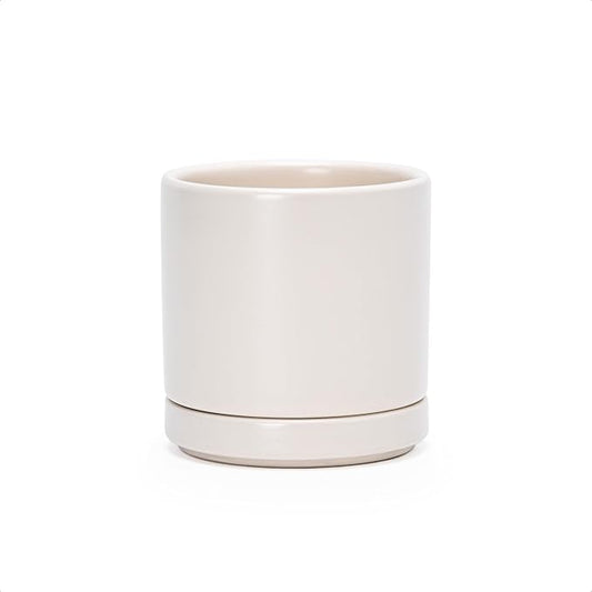 D'vine Dev 3.5 Inch Ceramic Planter Pot with Drainage Hole and Saucer, Indoor Cylinder Round Planter Pot, Oatmeal, 94-O-A-8
