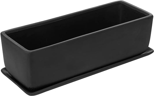 MyGift 14 Inch Matte Black Ceramic Indoor Plant Pot Succulent Planter, Decorative Flower Planter with Drainage Hole and Removable Tray