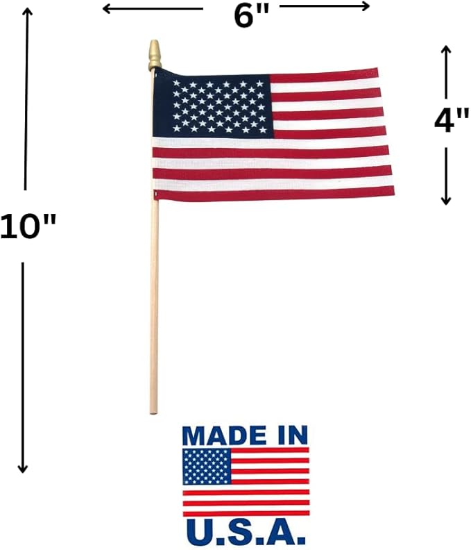 American Flags on Stick - Handheld Spearhead US Flag for 4th of July, Memorial Day Event Decorations - Patriotic Decor for Indoors & Yard - Wooden Stick, Cotton Fabric - (4"X6" - 50 Pack)
