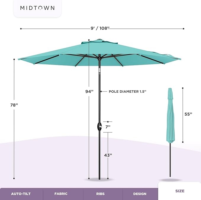 Midtown Umbrellas Sunbrella Umbrella 9 Feet Outdoor Umbrella With Terracotta Acrylic Fabric - Auto-Tilt Aluminum Frame Patio Umbrella For Backyard, Deck, Garden, Pool - Black Pole