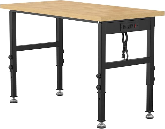 48" Adjustable Workbench,Heavy-Duty Work Table,3000 LBS Load Capacity Particleboard Hardwood Workstation Outlets with Power Strips and Fixed feet,for Workshop, Garage
