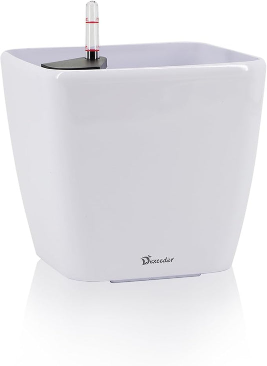 Dexceder 11x10 Self Watering Planter Indoor Outdoor, Inner Mat Design, Thickened Table Flower Plant Pot with Water Level Indicator (White High Gloss)