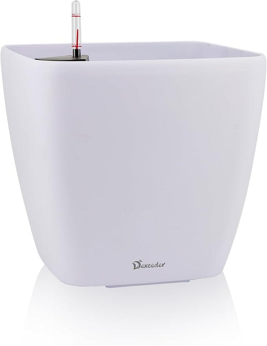 Dexceder 13x12 Self Watering Planter with Wheels Indoor Outdoor, Inner Mat Design, Thickened Large Floor Standing Flower Plant Pot with Water Level Indicator (White Matte)