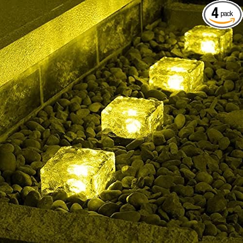 Solar Outdoor Ice Cube Lights for Garden Decoration, 2.8 ”x 2.8” Frosted Acrylic Brick Waterproof Solar Landscape Lights for Tabletop Yard Patio Pathway Decor (Warm White) (4 Pieces)