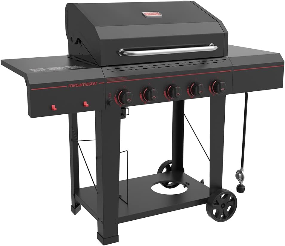 720-0982 5 Burner Propane Barbecue Gas Grill, Side Shelves with Hooks, for Outdoor Cooking, Patio, Garden Barbecue Grill, 50000 BTUs, Open Chart, Black