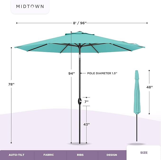 Midtown Umbrellas 10-Year-No-Fade - 8 Ft - UV Proof Apple (Red) Polyester Fabric - Umbrella Outdoor Patio, Auto-Tilt Aluminum Frame Patio Umbrella for Garden, Pool & Deck - Black Pole