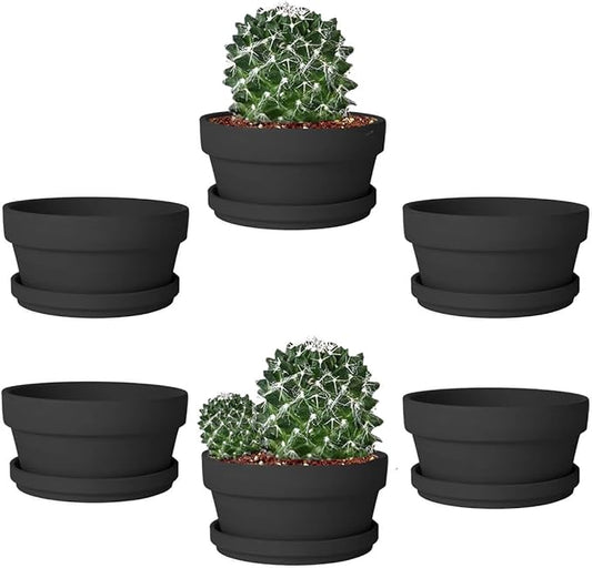vensovo 5.7 Inch Black Terracotta Shallow Succulent Pots - 6 Pack Terra Cotta Clay Pot with Saucer, Cacuts Indoor and Outdoor Planters with Drainage Hole