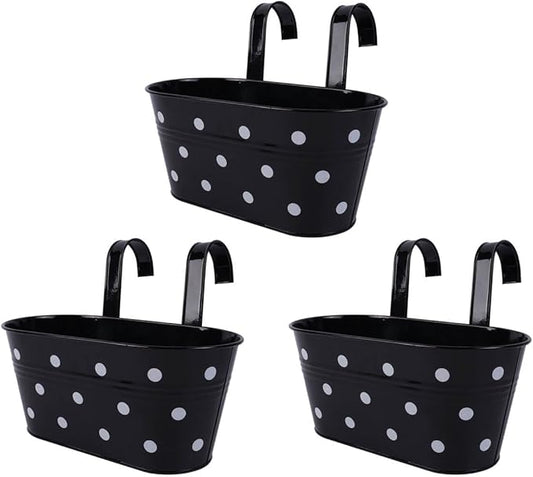 vensovo Metal Railing Planter for Outdoor Plants - 3 Pack Balcony Hanging Flower Pots with Detachable Hooks and Drain Holes Oval Bucket Rail Box Fence Planters for Home Garden Decor, Black with Spot