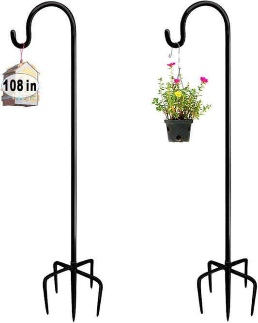 108 inch Outdoor Shepherd Hook with 5 Prong Base (2 Packs), Adjustable Heavy Duty Garden Hanging Stake for Bird Feeder Solar Light Plant Hanger Wedding Decor, Matte Black