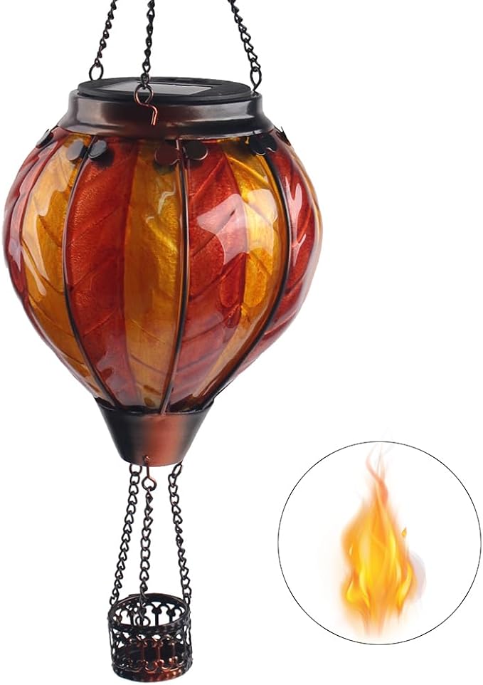 Hot Air Balloon Solar Lantern with Flickering Flame Hanging Solar Lanterns Outdoor Lights Waterproof Lanterns Decorative Garden Patio Yard Party Decor Orange and Red