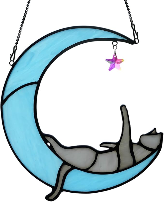 BOXCASA Colorful Crystals Star Cat Suncatchers for Window,Gray Cat Stained Glass Window Hanging,Funny Cat Moon Decor,Cat Gifts for Cat Lovers,Women Mom Grandma Aunt Friend