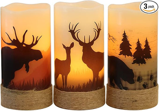 Flickering Flameless Candles with 6H Timer, LED Warm Light Pillar Candles Battery Operated Real Wax with Hemp Rope, Deer, Moose, Bear, Home Table Decoration for Wedding Party