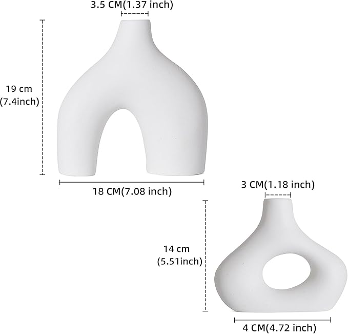 CEMABT White Ceramic Vase Set of 2 for Modern Minimalist Bohemian Decor，Round Matte Donut Vases for Pampas Grass-Perfect for Living Room, Dining Table, Office Bedroom Shelf Decor Entryway, Console