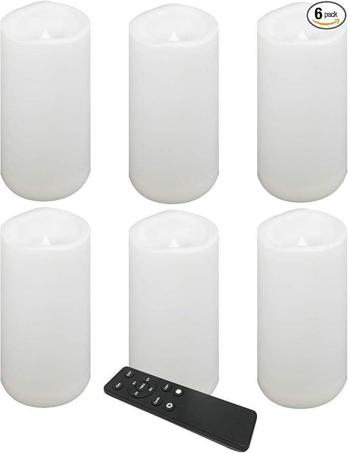 CANDLE CHOICE Waterproof Outdoor Battery Operated Flameless Candles Remote Timer White Plastic Realistic Flickering Fake Electric LED Pillars Lantern Garden Wedding Christmas Decorations 3”x6” 6 Pack