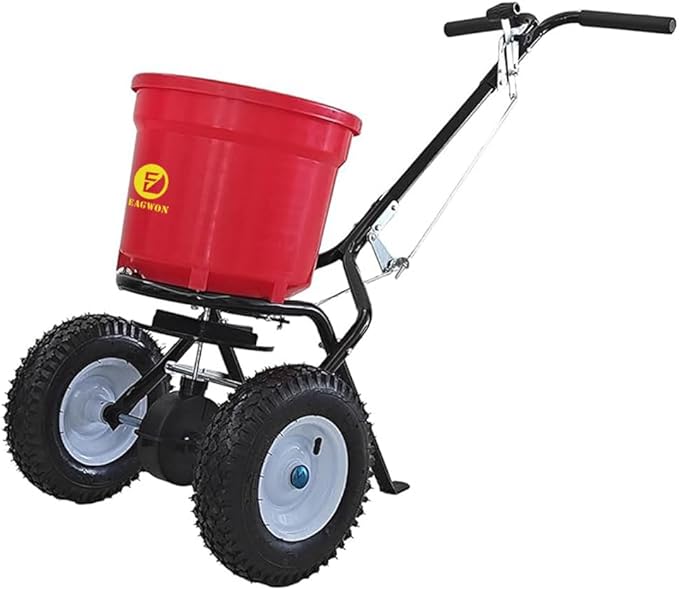 50lb Broadcast Spreader, Capacity Lawn Spreader & Fertilizer Spreader, Rustproof Poly Hopper, Adjustable Drop Rate, All-Terrain Pneumatic Tires, Epoxy-Coated Frame for Lawn Care, Red