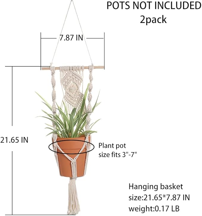 Boho Macrame Plant Hangers - Handmade Hemp Rope Hanging Baskets for Plants with Ceiling Hooks, Bohemian Home Decor Wall Art