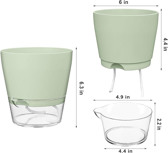 Hayder Plant Pots 6 inch Set of 6, Self Watering Flower Pots Indoor Outdoor, Self Watering Planters with Drainage Hole & Clear Saucer Reservoir
