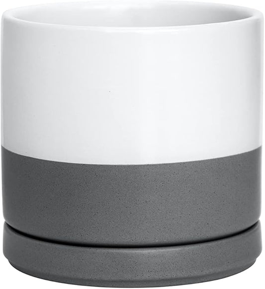 D'vine Dev Ceramic Planter Pot with Drainage Hole and Saucer, Indoor Cylinder Round Flower Pot, 4.6 Inch, White/Speckled Grey, 94-O-B-6