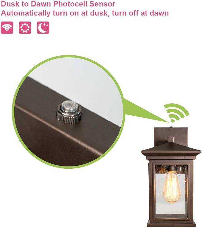 Dusk to Dawn Outdoor Wall Lantern, Exterior Wall Sconce Fixture with Tempered Clear Seeded Glass, Oil Rubbed Bronze (ORB) Finish for Outdoors (Medium Wall Mount - 2 Pack)