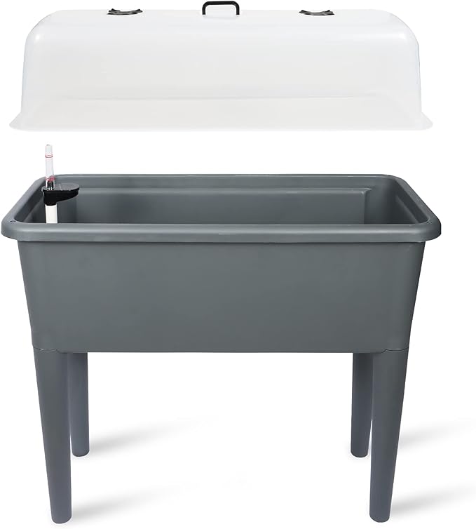 Dexceder 13.2 Gallon Self Watering Raised Garden Bed with Ventilation Transparent Lid Greenhouse, Deepen Vegetable Flower Box Planter Pot with Removeble Legs & Water Level Indicator (Deep Gray)