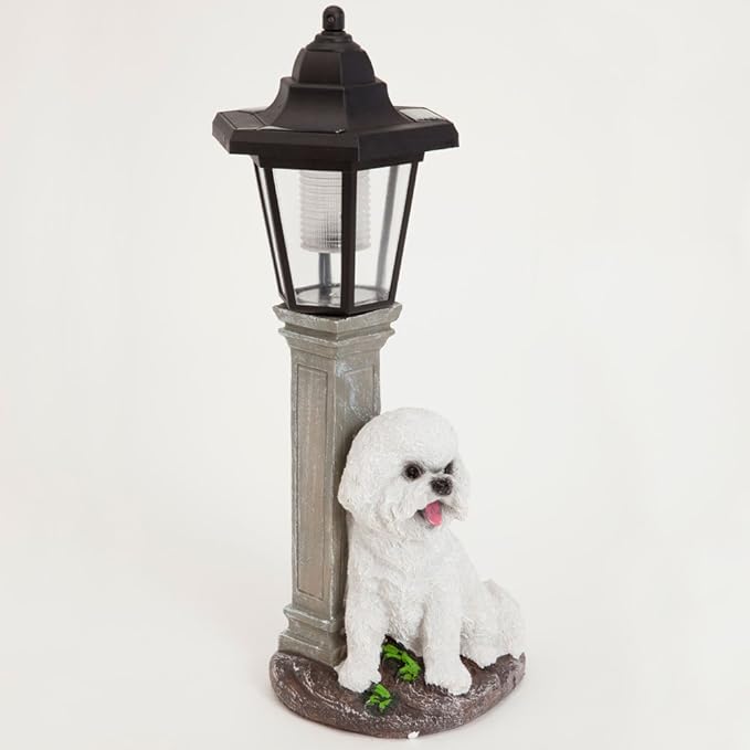 Bits and Pieces-Solar Bichon Lantern-Solar Powered Garden Lantern - Resin Dog Sculpture with LED Light