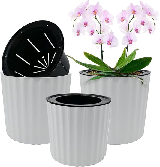 MUZHI Orchid Pot with Slotted Mesh and Holes, Plastic Round Self Watering Planter for Indoor Plants,Flowers,Herbs 3sets and 2sizes, White 7 inch