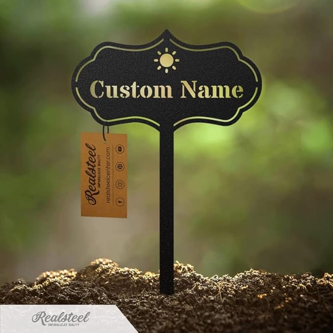 RealSteel – Customizable Seed & Plant Markers - Outdoor Herb Garden Stakes - Elegant Fruit/Vegetable Labels - Steel Plant Tags for Pots - Classy Design for Farmhouse/Greenhouse – Watering Can Icon