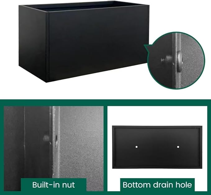 Black Planter Box Galvanized Steel Metal Planter Rectangular Indoor Large Outdoor Planters Steel Metallic Heavy Flower Pot 36In x 12In x 16In Commercial Residential for Patio, Deck, Backyard, Garden